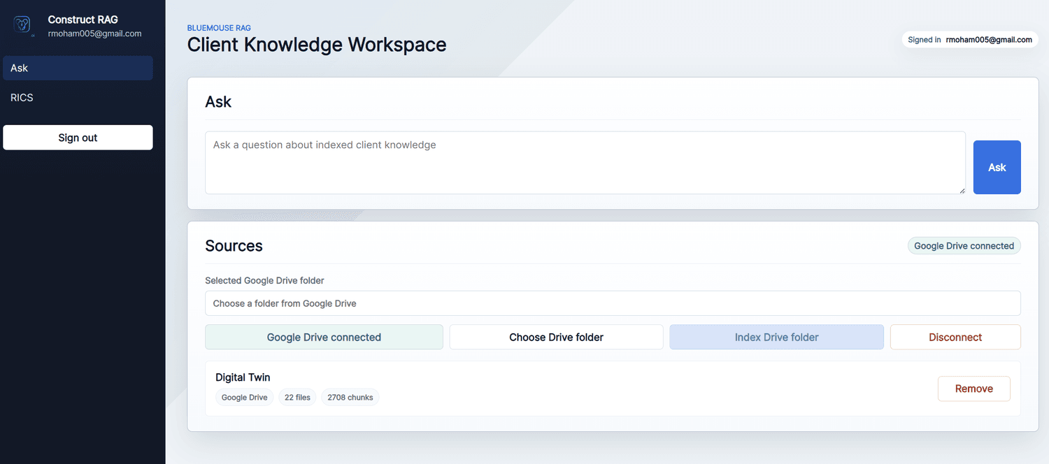 Construct RAG client knowledge workspace with an Ask panel and a connected Google Drive source indexed into 2708 chunks.