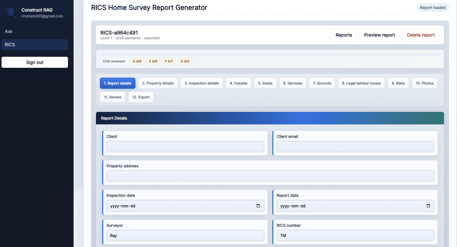 RICS Home Survey Report Generator showing the report details form and section tabs for a Level 1 survey.